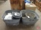 (2) galvanized metal tubs, (3) enamel coffee pots, (1) enamel pot with lid, (1) enamel bowl, and
