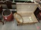 Vintage wood trunk 36inW, missing hardware, wood framed oval wall mirror 29inH, and