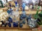 Blue glass cordial/liqueur sets, salt/pepper shakers, vase, decanter. Contents of 2 boxes