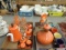 Vintage ceramic tea set with orange plastic covers, pumpkin condiment set, rooster stacking tea set,