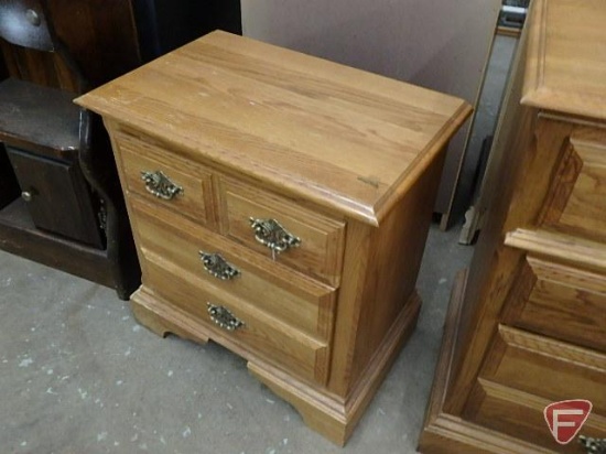 Wood night stand, 2 drawers, some scratches, marker on top, 27inHx26inWx16inD.