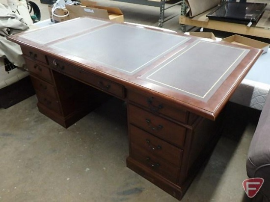 Wood executive desk with leather-like inserts, 7 drawers, 31inHx72inWx35inD