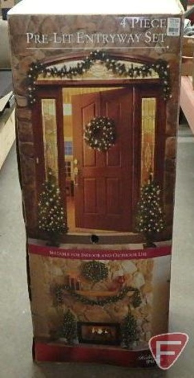 4pc Pre-Lit Entryway Set by Holiday Things, assortment of string lights, artificial greenery.