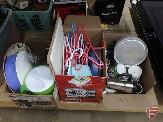 Tea pot, mugs, plastic pitchers and storage containers, hangers,. Contents of 3 boxes