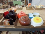Peach carnival glass dishes, ruby red cups, vase, and dish, (2) cookie jars orange lid has been