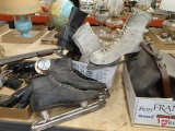 Old leather bag and (3) pairs of ice skates