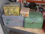 Bread and Cake metal bread box, Cloverleaf milk cooler, and (2) metal tins