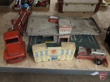 Buddy L fire truck, tin diesel 12 tractor/bulldozer missing 3 wheels, metal service center station,