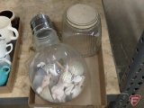 Glass oversized light bulb and glass square jar