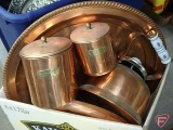 Copper cookware: tea kettles, bundt cake pan, sauce pans, canisters, and serving trays