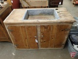 Vintage wood kitchen cupboard with metal sink, holes for cistern pump, 27.5inHx40inHx19.5inD, 2
