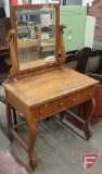 Vintage wood vanity/desk with positional mirror, 2 drawers, on wheels, 59inHx34inWx21inD and