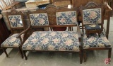 Vintage wood bench with upholstered seat and (2) matching side chairs and footstool.