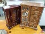 (2) wood jewelry boxes with ladies jewelry, rings, necklaces, earrings, bracelets, pins,