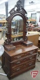 Victorian wood dresser with positional mirror, 3 drawers, carved pulls, on wheels, 84inHx39inWx18inD