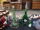 (2) metal decanter and cordial/liqueur glass holders, with green/clear glass sets. Both.