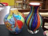 (2) Art deco bright colored glass vases, tallest is 12inH