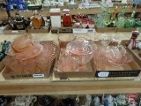 Pink glass items, platters, pitchers, glasses, stemware, bowls, candy dishes, divided dish,
