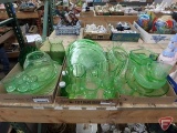 Green glass items, platters, vases, cream/sugar, pitchers, salt/pepper, bowls, covered dish.