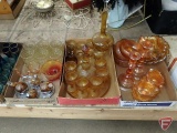 Orange carnival glass items-bowls, candle holders, cream/sugar, amber glass decanter/glass sets,