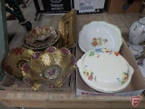 Bak-Serv covered casserole dish, decorative bowl, and painted gold/red glass dishware pieces.