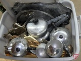 Metal items, platters, tea pots, double boiler and other decorative items.