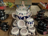 German covered punch bowl with (8) matching mugs, German castles.