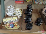 Chicken/Rooster, stacking tea sets and condiment sets. Contents of 2 boxes
