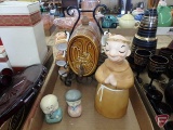 (2) monk decanters, one in metal holder, monk cordial/liqueur mugs, and oriental bobble-heads