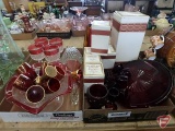 Red glass items, Avon 1876 Cape Cod Collection Wine Goblets and Wine Decanter,