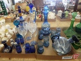 Blue glass cordial/liqueur sets, salt/pepper shakers, vase, decanter. Contents of 2 boxes