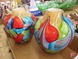 (2) matching colorful glass vases 10inH, Both