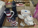 Lighthouse teapot with matching stacking condiments lighthouse, metal lighthouse decoration 13inH,