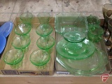 Green glass items, dessert cups, platters, sugar bowls, square bowl. Contents of 2 boxes
