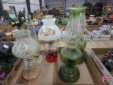 (2) green glass matching oil hurricane lamps, and (3) other glass oil hurricane lamps.