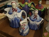 (5) Little Old Lady tea sets-N&C, Tony Wood, Woods, man/woman coffee mug with ashtray hat/cover.