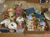 (2) tea sets windmill themed, (1) pumpkin tea set, and (2) stacking tea sets, cottages.