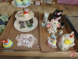 Elephant items, Dumbo tea set, missing sugar bowl, figurines-3piece connected with chain,