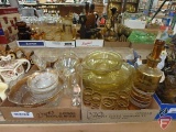 Yellow depression glass pieces-platters and bowl, light amber glass wine set,