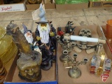 Wizards and dragon candles, skeleton paper holder, glass ashtrays in metal basket,