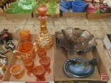 Orange carnival glass items-decanger, stemware, vase,sugar dish, candle holder, and