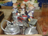 Child's metal cookware items -double boiler, coffee pot, roaster, hand mixer, tea pot, and