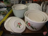 Nesting refrigerator bowl sets with lids, Universal Cambridge, Universal Ballerina, Ironstone Ware.