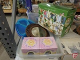 Musical Spring themed water globes, 20pc Easter Tea Set, (2) plastic divided trays, wall mirror,