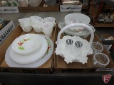White dishware snack set -4 cups/saucers, cream/sugar, 4 plates and platter, Fire King bowl,