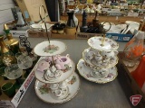 (2) 3tier serving trays, with miniature tea sets. Both trays and contents.