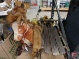 Wood/metal sled, 31inL, some wood broken, mink scarf, vintage riding horse. 3 pieces