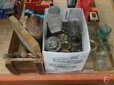 Canning jars, wood rolling pins, wood cutting block, wood spoons, wood pestle, wood box.