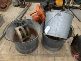 (3) Galvanized metal pails and wood/iron pulley. 4 pieces