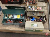 Fishing items, (2)metal and (2)plastic tackle boxes, metal minnow scoops, stringer, bobbers, lures